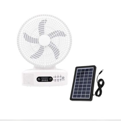 Solar powered rechargeable fan with speaker and LED light