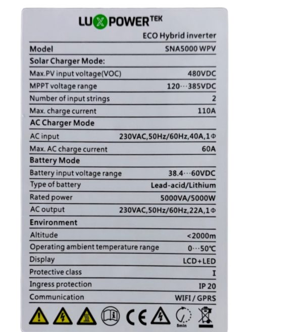 LuxPower Hybrid Inverter 5000W 48V - SNA5000WPV - Image 5