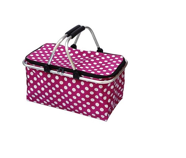 Foldable Poppy Black/ White Polka Dots Insulated Picnic Basket - Red