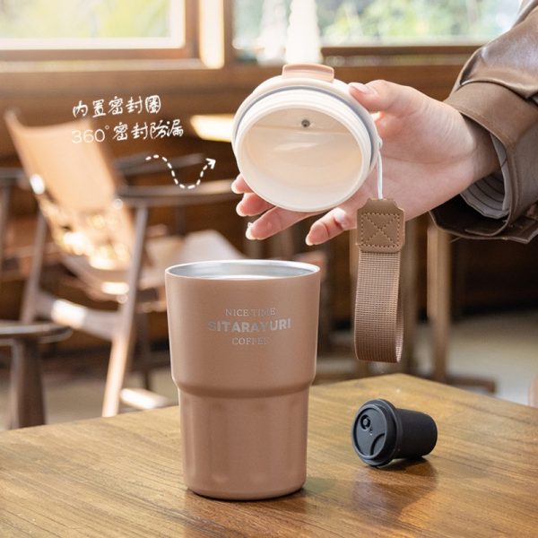 360ml 2in1 Sitarayuri Insulated Travel Tumbler Vacuum Coffee Cup Brown - Image 2