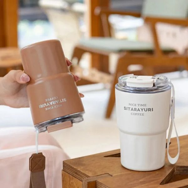 360ml 2in1 Sitarayuri Insulated Travel Tumbler Vacuum Coffee Cup Brown - Image 3